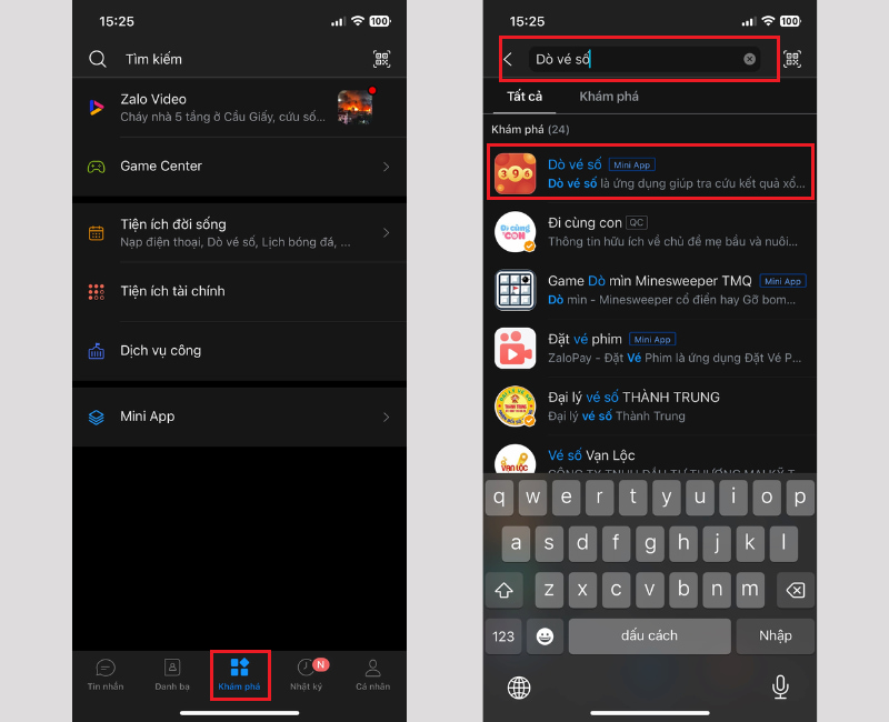 Chọn mini app Dò vé số trên Zalo