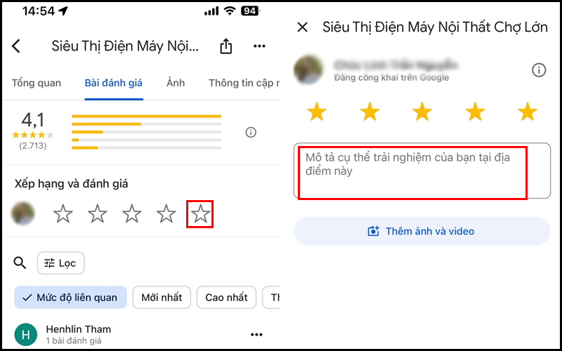 Chọn vào ngôi sao cuối cùng để đánh giá 5 sao trên Google Maps