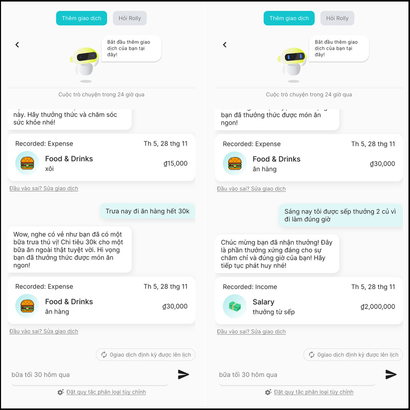 Ứng dụng Rolly: AI Money Tracker có khả năng phản hồi tự nhiên