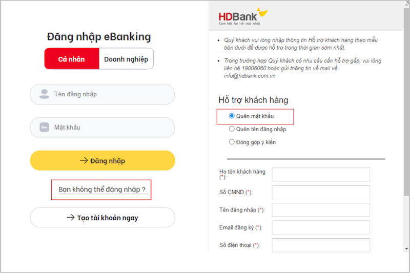 Lấy lại mật khẩu Internet Banking trên website ngân hàng