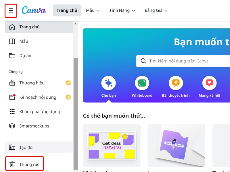 Từ trang chủ Canva chọn biểu tượng dấu ba chấm và chọn Thùng rác