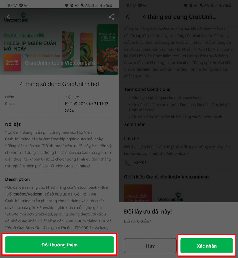 Nhấn xác nhận đổi ưu đãi Grab Unlimited miễn phí