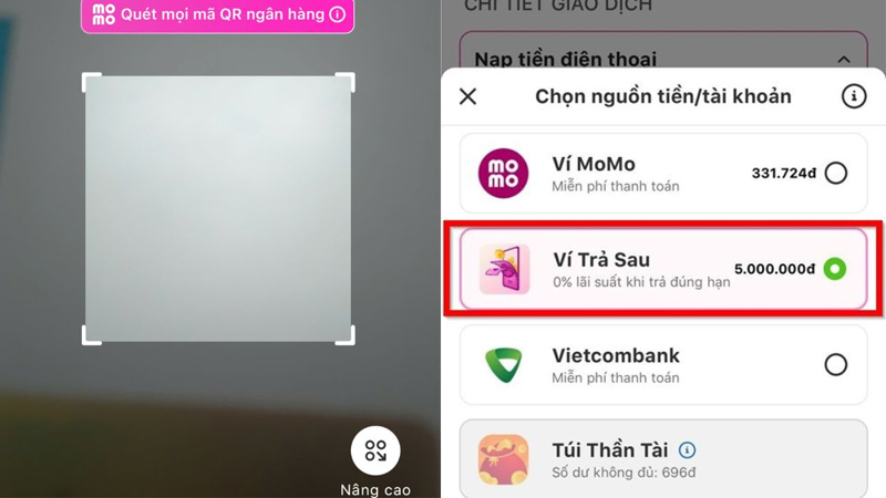 Người dùng quét mã QR và chọn Ví Trả Sau