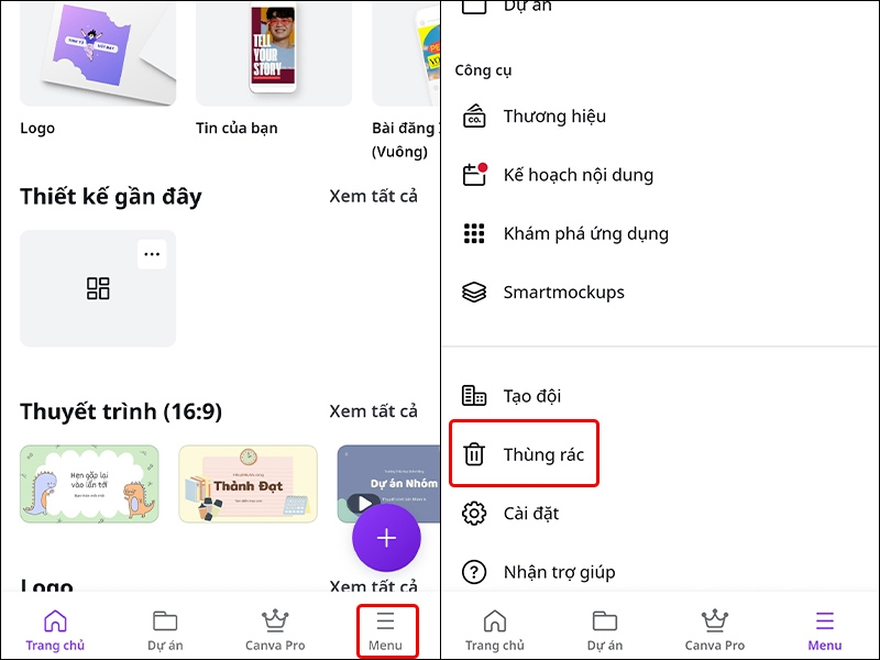 Từ menu của ứng dụng Canva trên điện thoại chọn vào mục Thùng rác