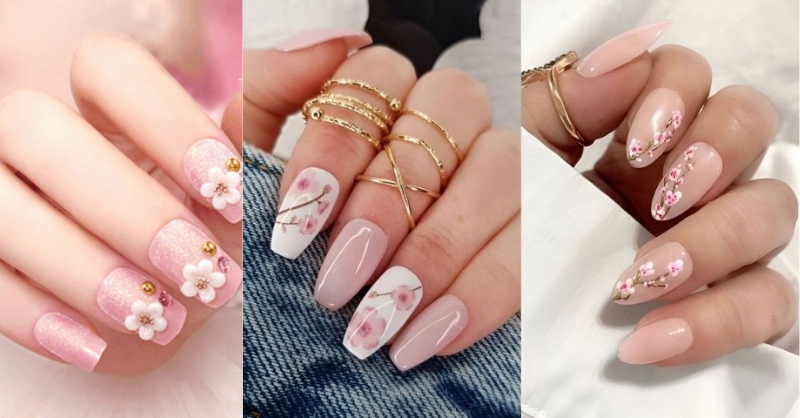 Mẫu nail họa tiết hoa đào cho ngày Tết