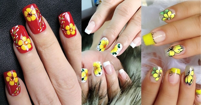 Mẫu nail họa tiết hoa mai cho ngày Tết