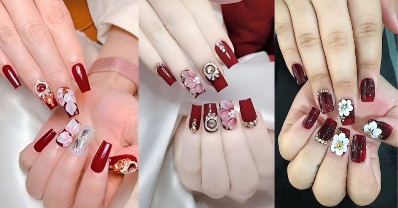 Mẫu nail màu đỏ đắp bột 3D