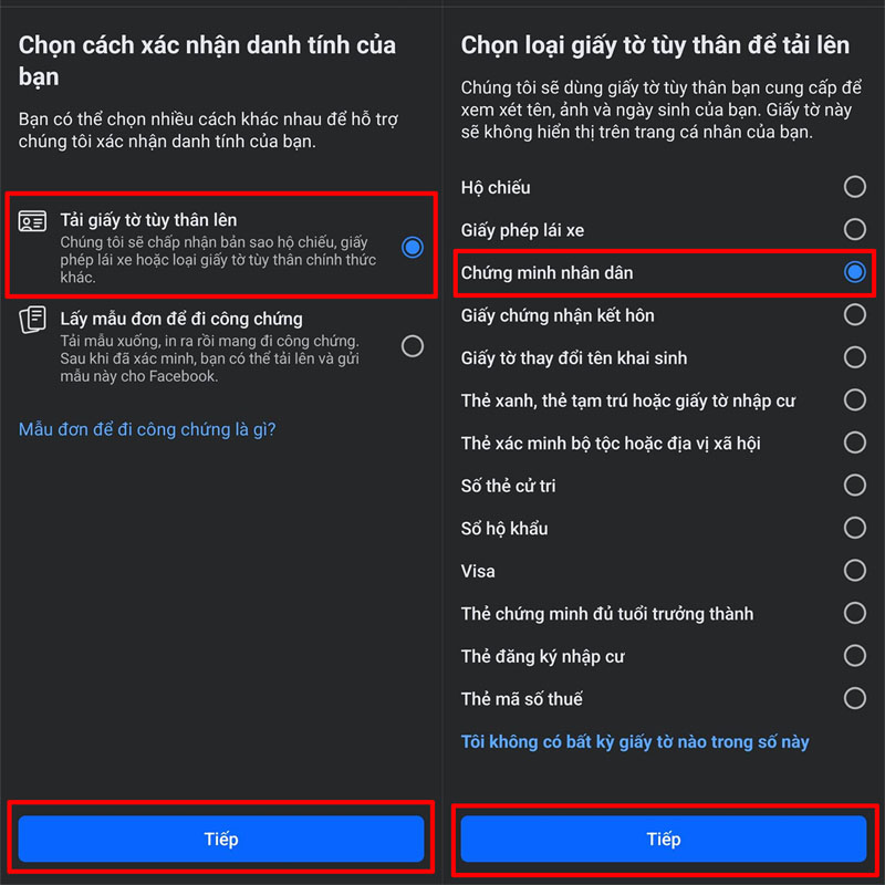 Chọn tải giấy tờ tùy thân sau đó chọn chứng minh nhân dân và chọn Tiếp