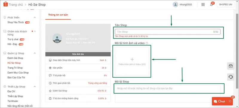 Cài đặt hồ sơ cho gian hàng Shopee