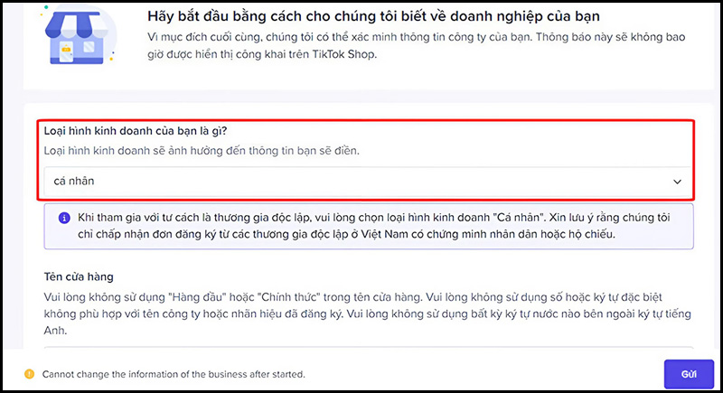 Chọn hình thức kinh doanh và chuyển sang bước tiếp theo