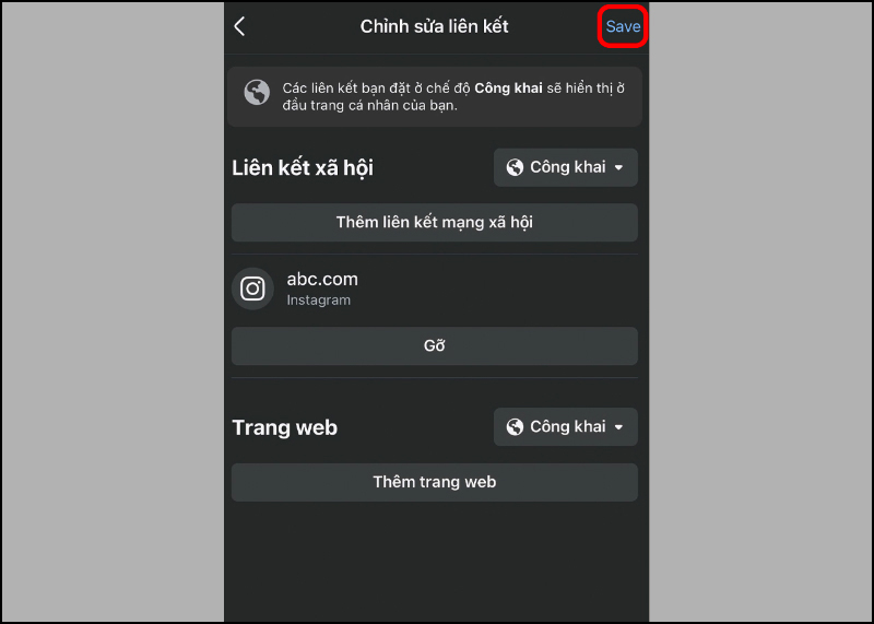 Dán link Instagram vào ô Tên người dùng và nhấn Lưu để thêm link