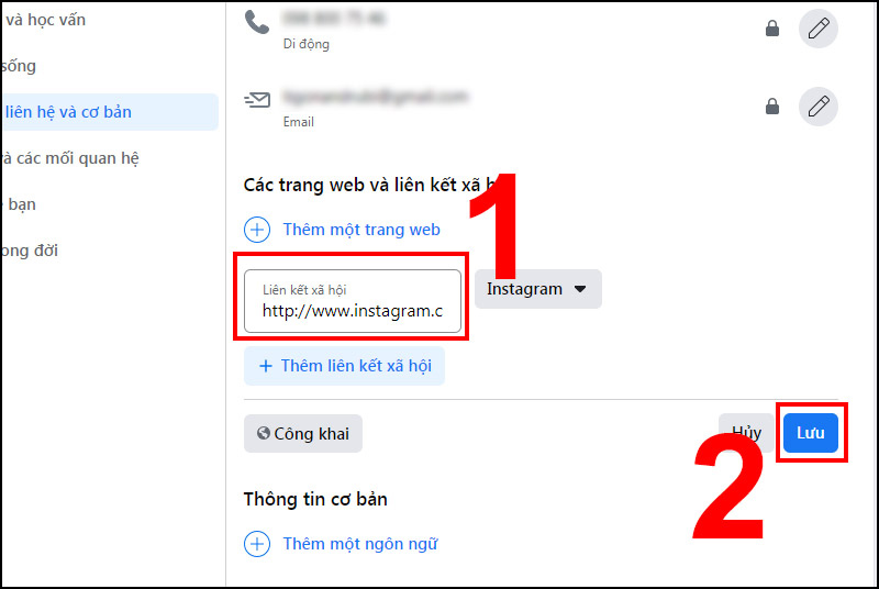 Thêm link Instagram vào mục Liên kết xã hội, sau đó chọn Lưu