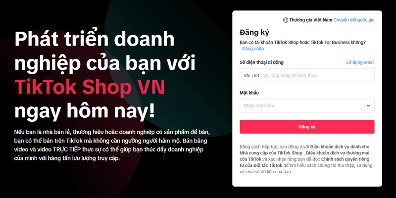 Truy cập vào trang chủ TikTok Shop và tiến hành đăng nhập hoặc đăng ký