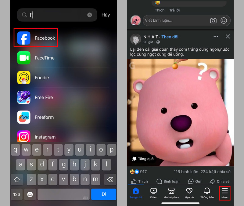 Mở ứng dụng Facebook, sau đó chọn Menu