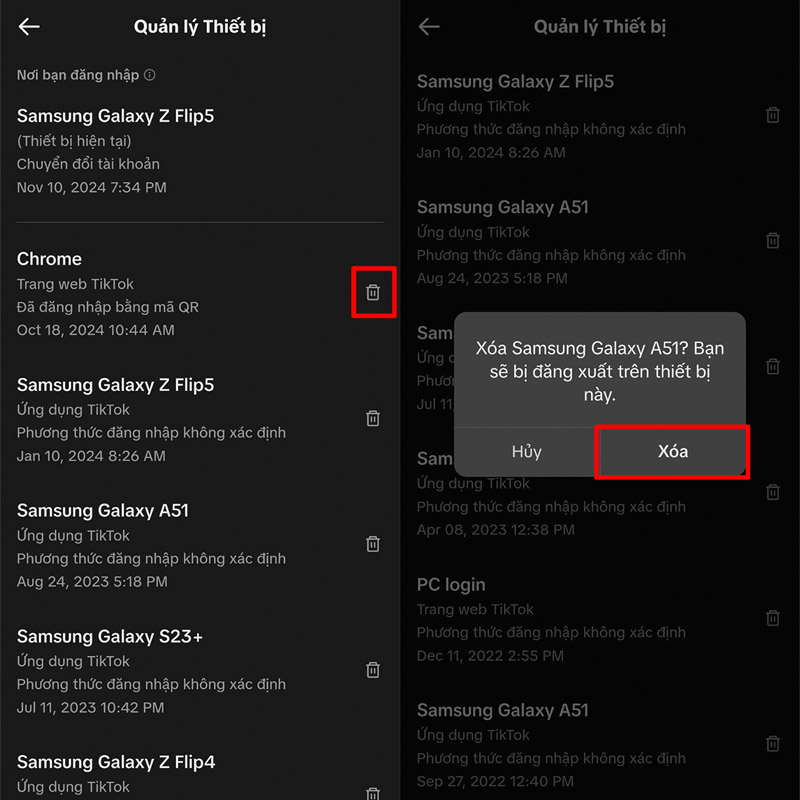 Kiểm tra lần đăng nhập bất thường và nhấn xóa để đăng xuất TikTok từ xa