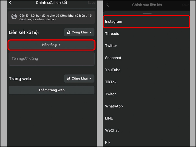 Chọn Instagram tại mục Nền tảng