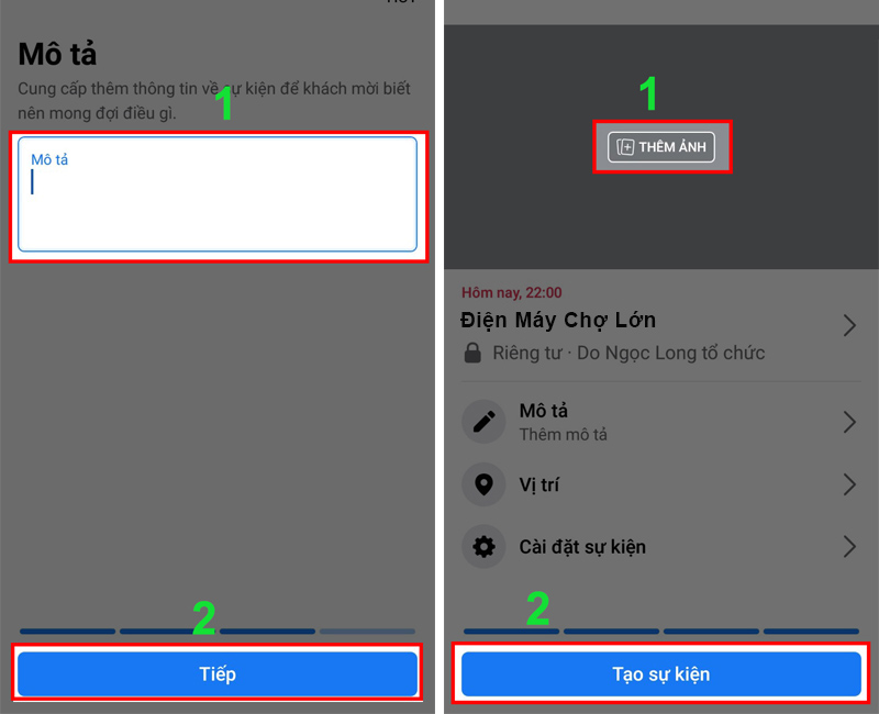 Nhập mô tả và thêm hình để hoàn tất quá trình tạo sự kiện Facebook