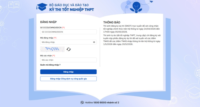 Đăng nhập tài khoản thisinh.thitotnghiepthpt.edu.vn