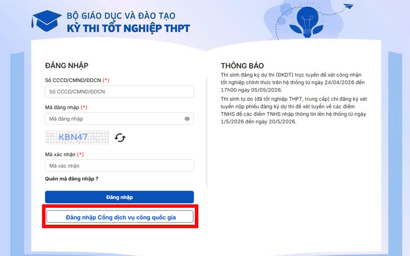 Bạn nhấn chọn mục Đăng nhập Cổng dịch vụ công quốc gia