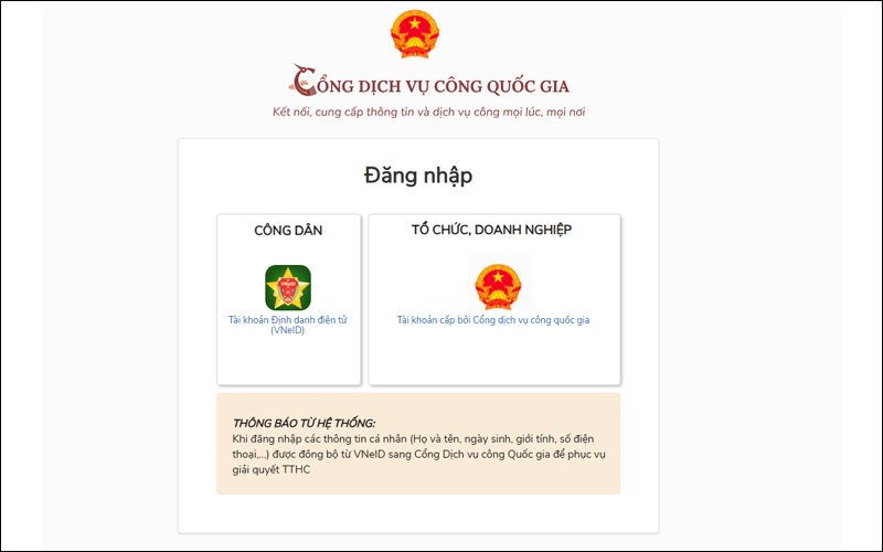 Đăng nhập tài khoản Dịch vụ công