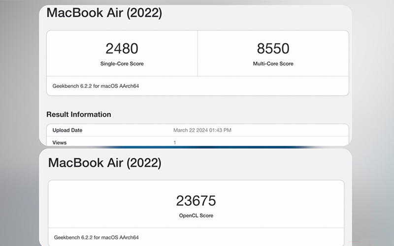 Điểm hiệu năng Geekbench 6 ấn tượng của Macbook Air M2