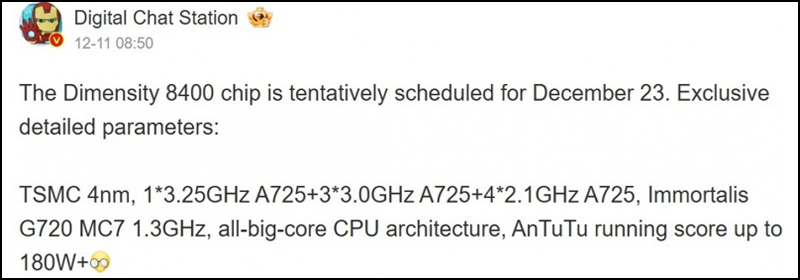 Dimensity 8400 sẽ ra mắt với tiến trình 4nm, cấu trúc CPU 8 lõi