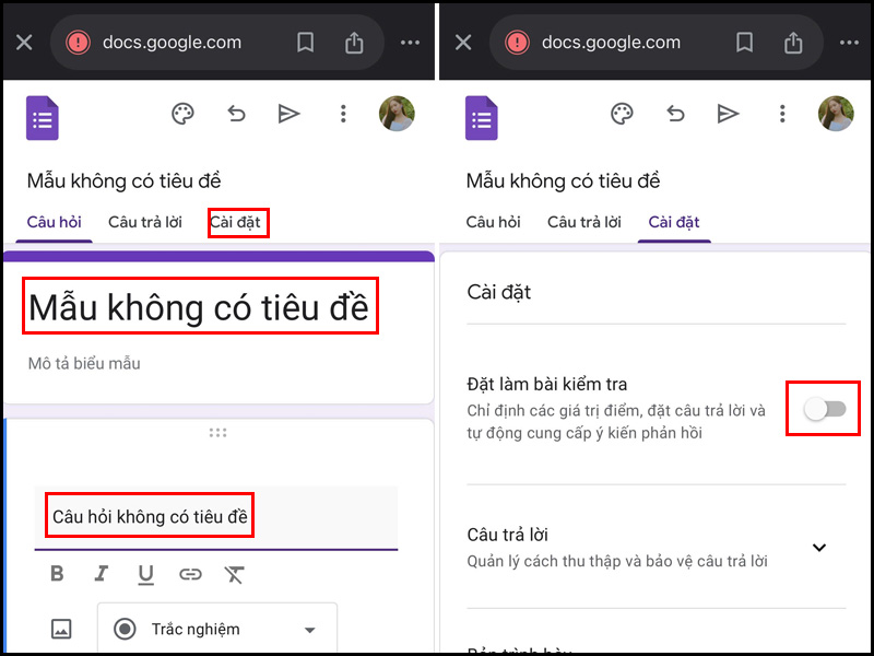 Chọn Đặt làm bài kiểm tra cho Google Form chấm điểm