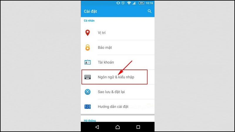 Nhấn vào tùy chọn Ngôn ngữ & kiểu nhập