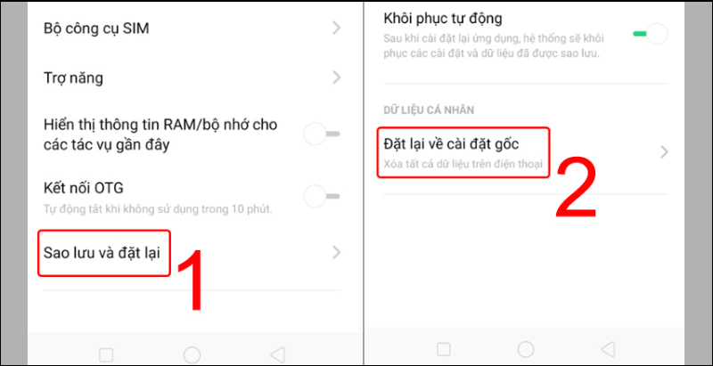 Nhấn vào mục Đặt lại về cài đặt gốc