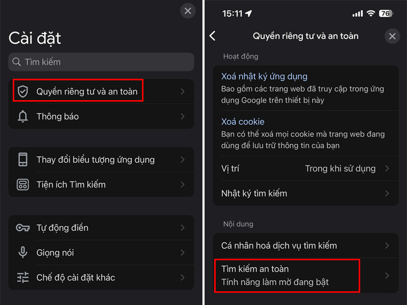 Chọn Quyền riêng tư và an toàn sau đó chọn Tìm kiếm an toàn