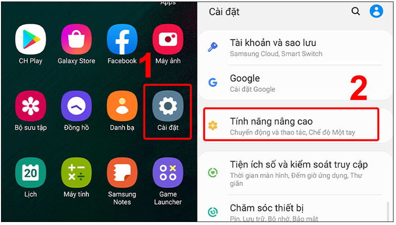 Vào Cài đặt rồi chọn Tính năng nâng cao trên điện thoại Samsung