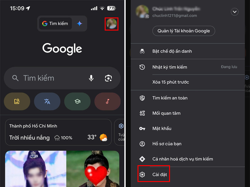 Truy cập vào Google và chọn mục Cài đặt