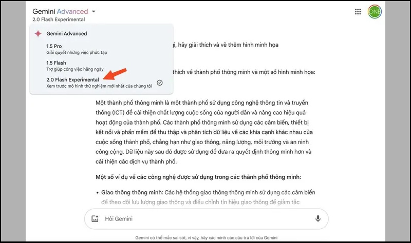 Chọn Gemini Advanced, sau đó chuyển sang 2.0 Flash Experimental 