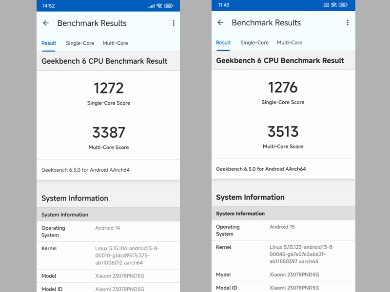 Android 15 có điểm đơn nhân/đa nhân Geekbench 6 cao hơn Android 14