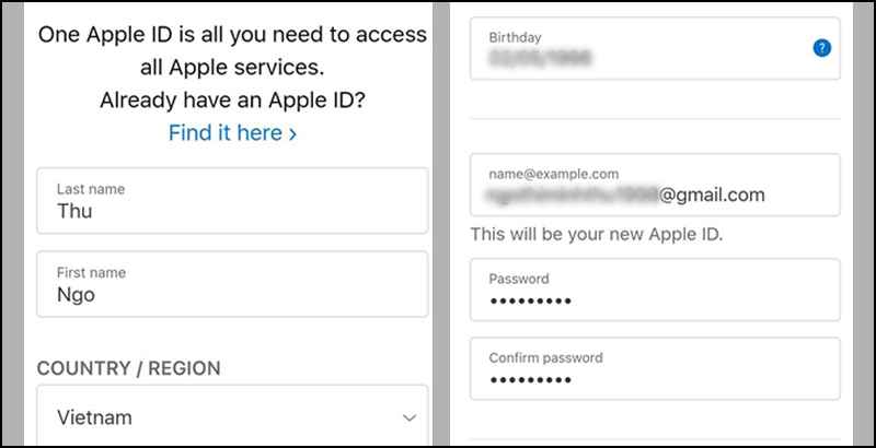 Người dùng điền thông tin để tạo tài khoản iCloud