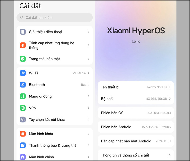 Giao diện ứng dụng Cài đặt của HyperOS 2