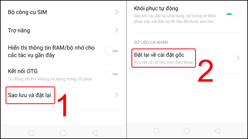 Khôi phục cài đặt gốc để sửa lỗi điện thoại OPPO không nhận SIM