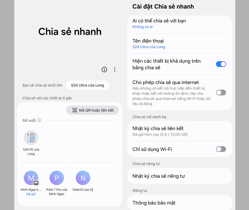 Quick Share trên One UI 7.0 Beta cho phép chia sẻ file qua Internet