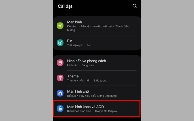 Nhấn vào mục Màn hình khóa và AOD tại giao diện Cài đặt