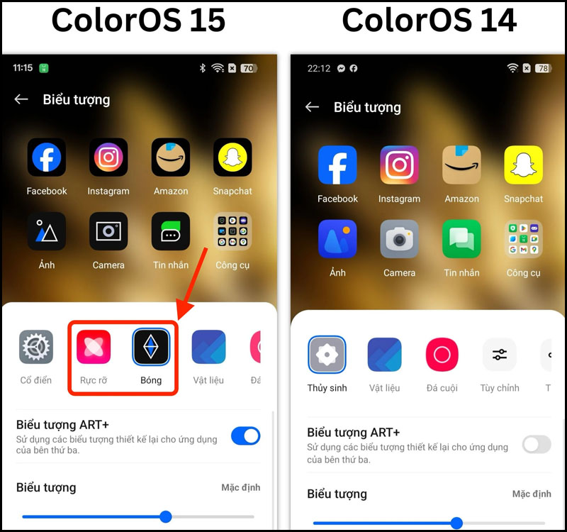 Mục tùy chỉnh của ColorOS 15 có thêm tùy chọn Rực rỡ và Bóng