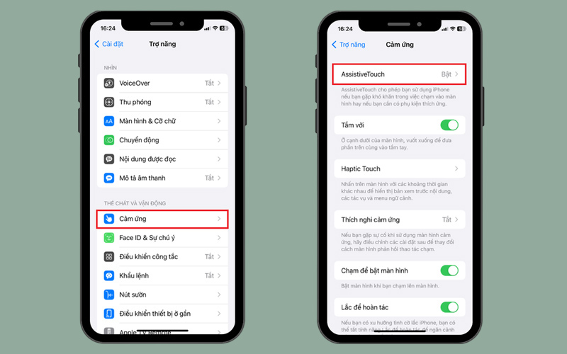 Chọn Cảm ứng, sau đó nhấn vào mục AssistiveTouch