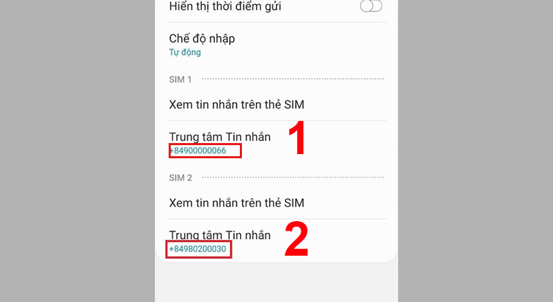 Nhập số trung tâm tin nhắn của Viettel