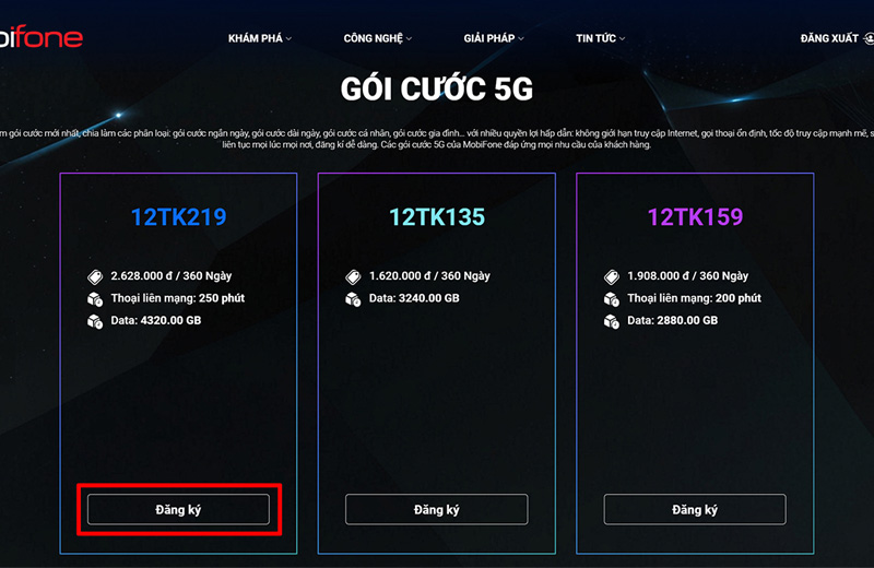 Nhấn vào mục Đăng ký phía dưới tên gói cước 5G MobiFone đã chọn