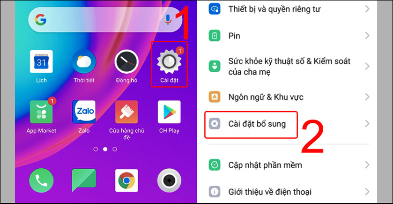 Chọn Cài đặt bổ sung tại giao diện Cài đặt