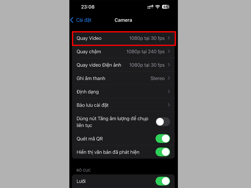 Người dùng chọn mục Quay Video tại giao diện Camera