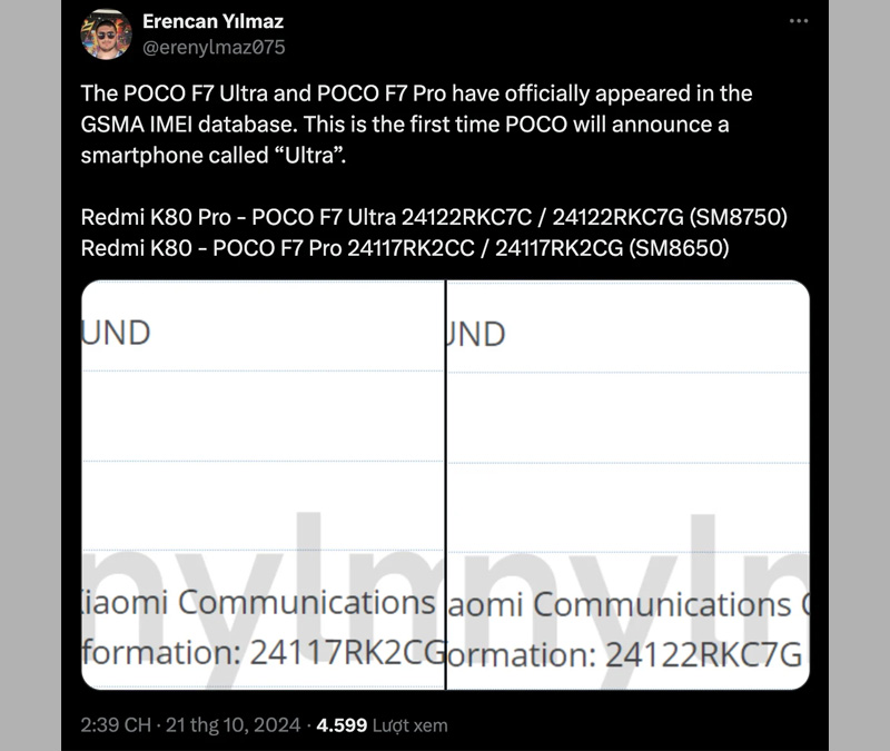 POCO F7 Ultra được tìm thấy trên cơ sở dữ liệu IMEI của GSMA