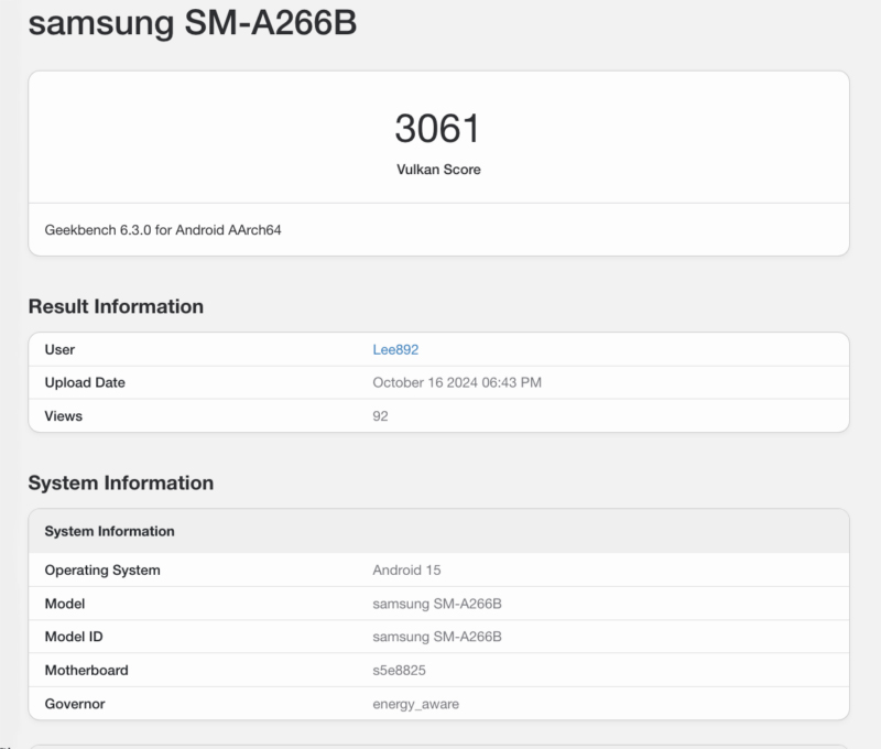 Samsung Galaxy A26 xuất hiện trên Geekbench với số model là SM-A266B