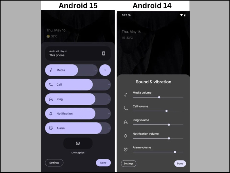 Giao diện điều khiển âm lượng của Android 15 có thay đổi so với Android 14
