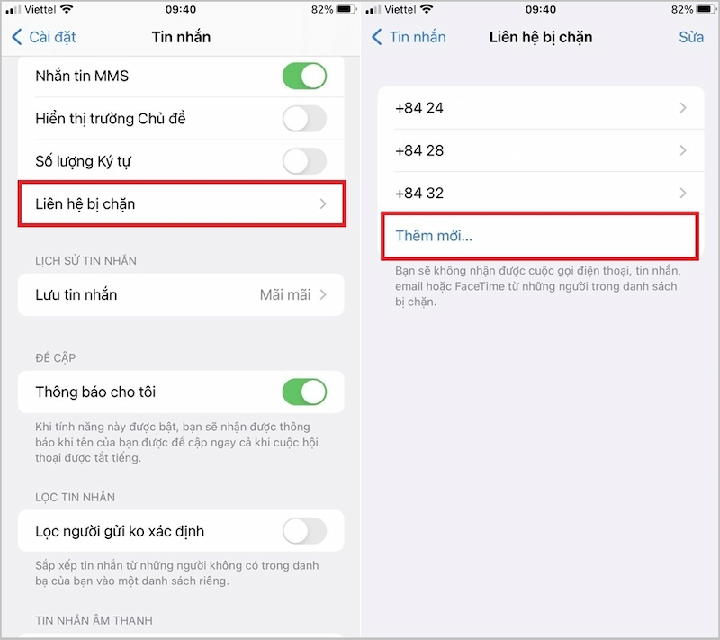 Thêm số liên lạc muốn chặn tin nhắn trên iPhone