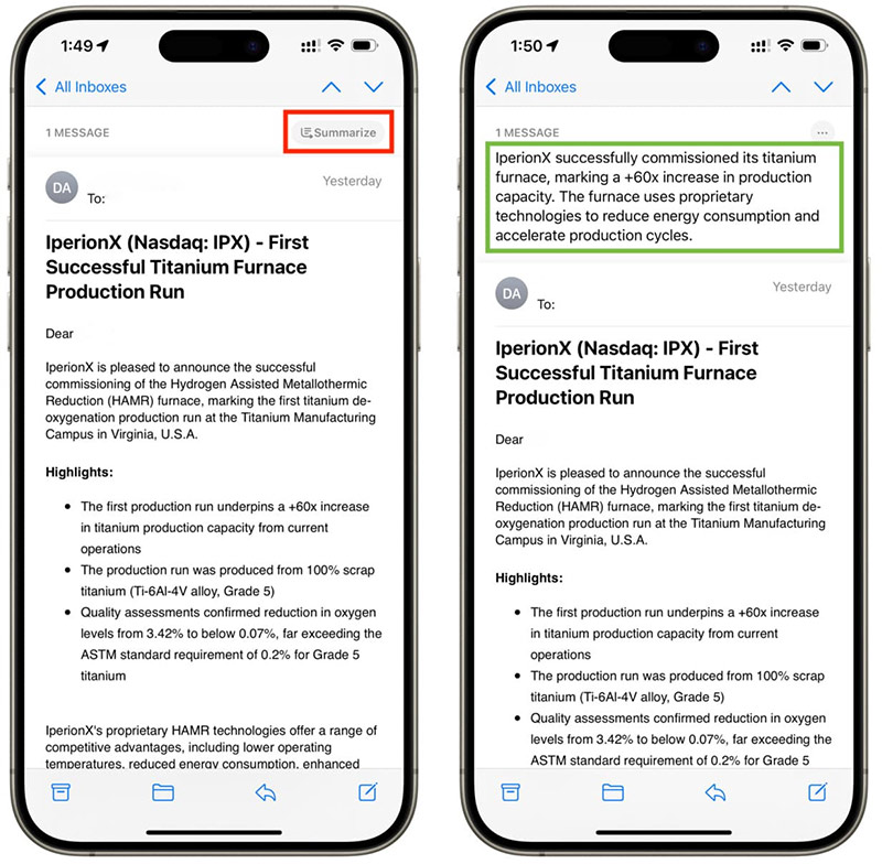 Tính năng tóm tắt email bằng Apple Intelligence trên iOS 18.1